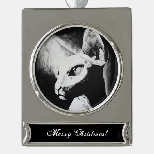 ザスフィンクス猫ヘアレス子猫ペット白黒アート シルバープレートバナーオーナメント (正面)