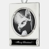 ザスフィンクス猫ヘアレス子猫ペット白黒アート シルバープレートバナーオーナメント (左)