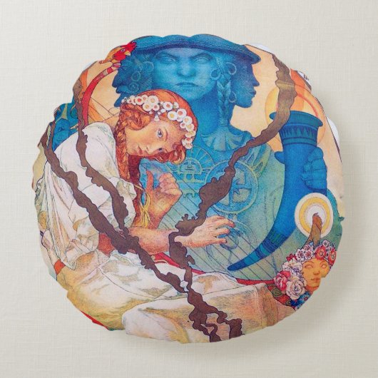 ザスラフエピックアルフォンスミュシャ装飾用クッション ラウンドクッション (正面)