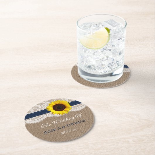 ザス素朴フラワー結婚ズコレクション – ネイビー ラウンドペーパーコースター (インサイチュ)