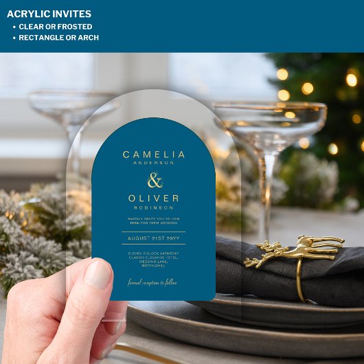 ザズルアクリル結婚ズシックティール(緑がかった色)ブルー文字アーチ アクリル招待状
