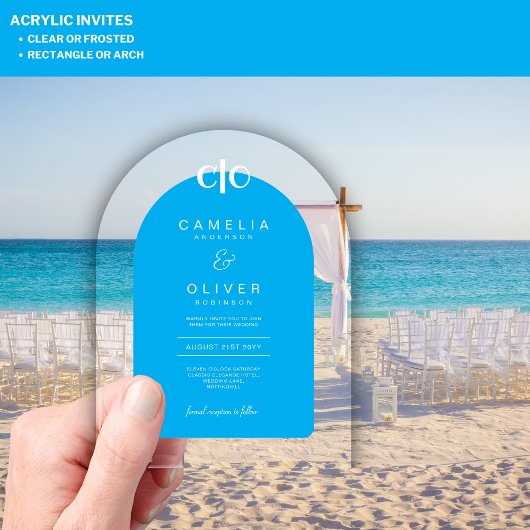 ザズルアクリル結婚ズスカイブルーホワイト文字アーチ アクリル招待状