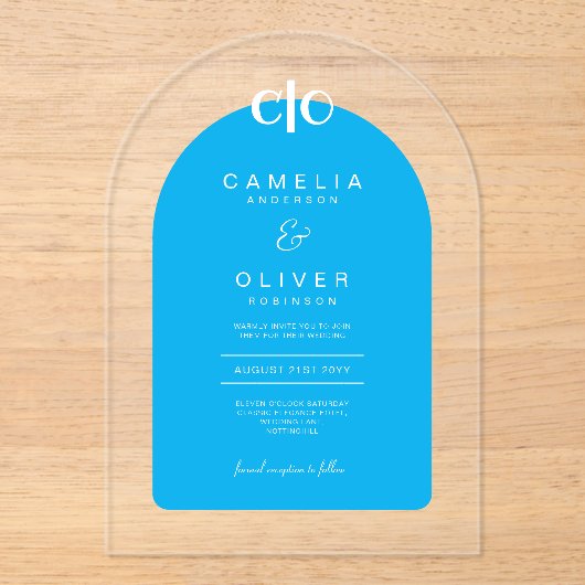 ザズルアクリル結婚ズスカイブルーホワイト文字アーチ アクリル招待状 (正面)