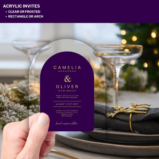 ザズルアクリル結婚深いパープル金ゴールド文字アーチ アクリル招待状