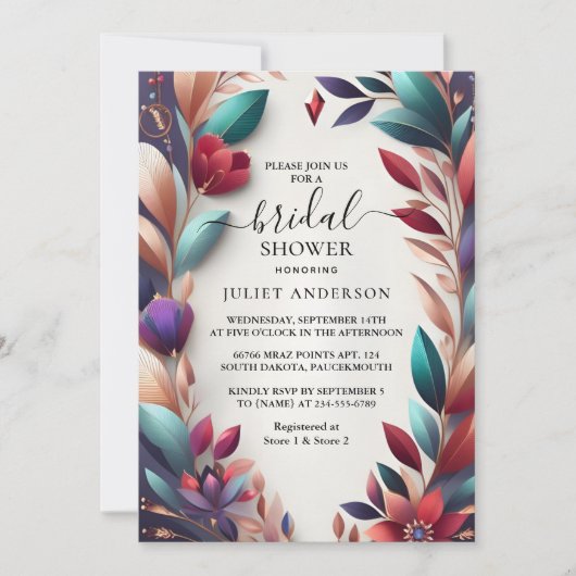 ザソフトティール(緑がかった色)秋はっきりしたジュエルトーンブライダルシャワー 招待状 (正面)