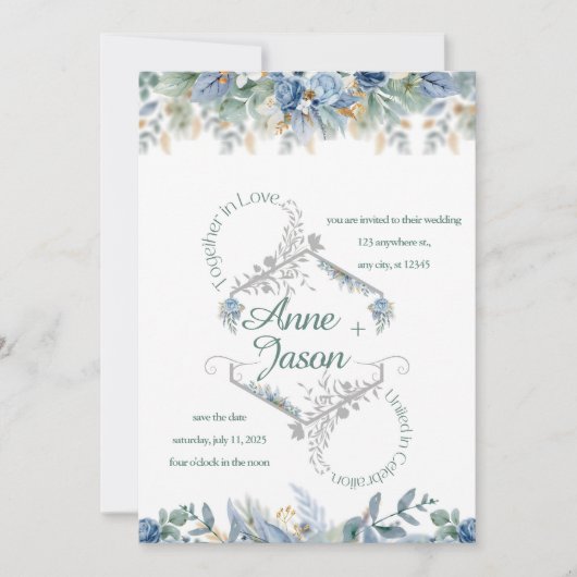 ザダストブルーフローラ結婚式招待状 招待状 (正面)