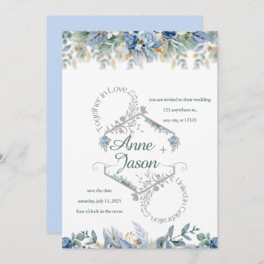 ザダストブルーフローラ結婚式招待状 招待状 (正面/裏面)