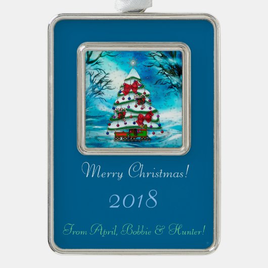 ザツリークリスマスフォークアートパーソナライズされた シルバープレートフレームオーナメント (正面)