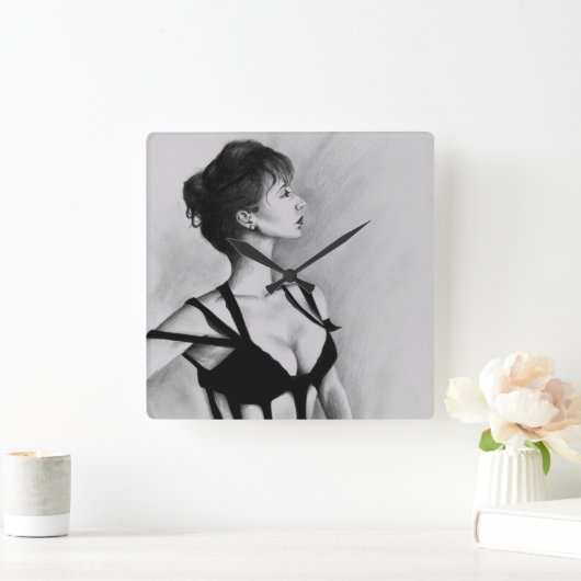 ザデイムウーマンポートレートブラックドレススケッチアート スクエア壁時計 (ホーム)