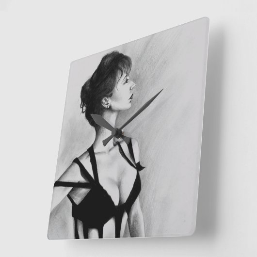 ザデイムウーマンポートレートブラックドレススケッチアート スクエア壁時計 (傾斜)
