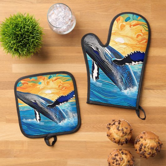ザトウクジラのサンセットリープアート 鍋つかみ&鍋敷きセット (トップダウン)