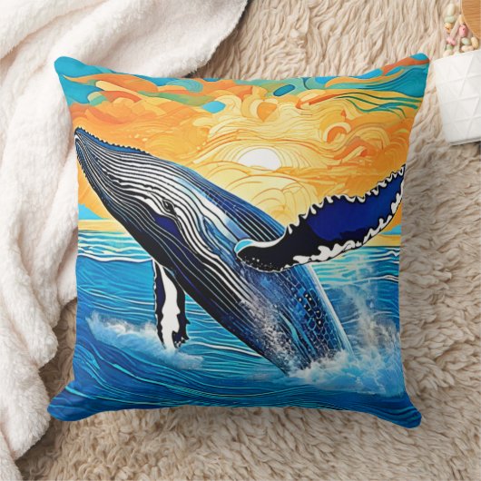 ザトウクジラの夕焼けの飛躍芸術 クッション (ブランケット)