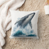 ザトウクジラの海の波 水彩画 クッション (ブランケット)