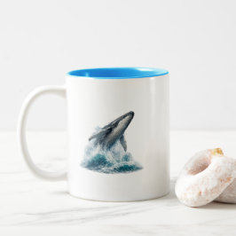 ザトウクジラ 海の波 水彩 コーヒーマグ ツートーンマグカップ