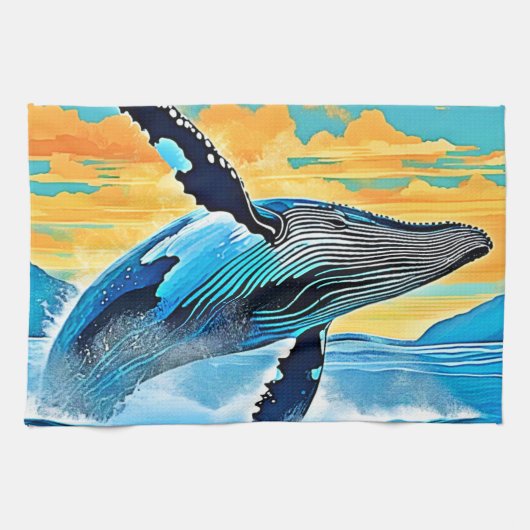 ザトウクジラ 海の自由 ジャンプ デザイン キッチンタオル (横)