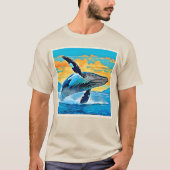 ザトウクジラ 海の自由 跳躍デザイン Tシャツ (正面)