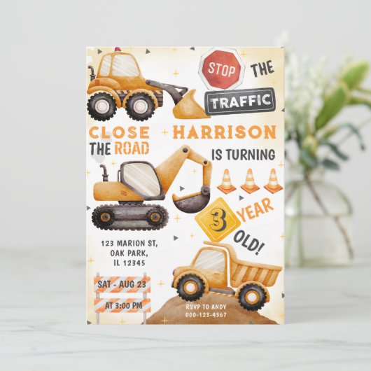 ザトラフィック建築ダンプトラック誕生日 招待状 (スタンド正面)