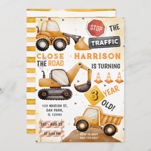 ザトラフィック建築ダンプトラック誕生日 招待状 (正面/裏面)