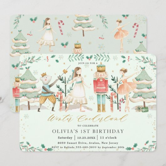ザナトクラッカーウィンター・ワンダーランド第1誕生日インボ 招待状 (正面/裏面)