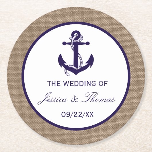 ザネイビーいかりオンバーラップビーチ結婚式コレクション ラウンドペーパーコースター (正面)