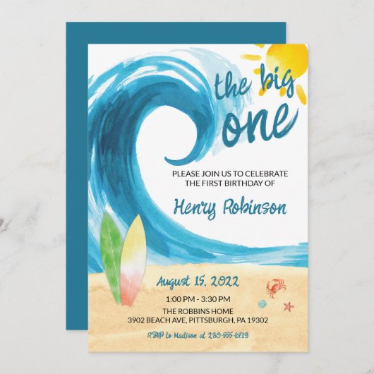 ザビッグワンサーファーファーファーファーファースト誕生日 招待状 (正面/裏面)