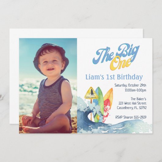 ザビッグワンサーファーベビーファースト誕生日招待状 招待状 (正面/裏面)