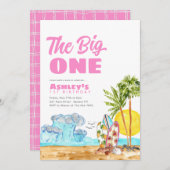 ザビッグワンサーフウェーブホットピンクビーチ1st誕生日 招待状 (正面/裏面)