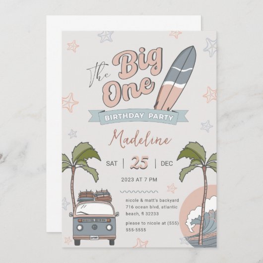ザビッグワンサーフファースト誕生日招待状カード 招待状 (正面/裏面)