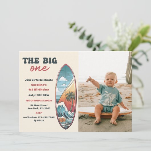 ザビッグワントロピカルハワイアンサーフ誕生日写真 招待状 (スタンド正面)