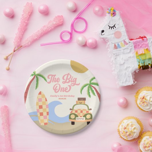 ザビッグワンビーチサーフピンク1st誕生日パーティー ペーパープレート (パーティー)
