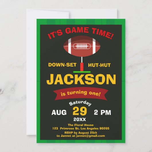 ザビッグワンフットボールフィールドスポーツ誕生日 招待状 (正面)