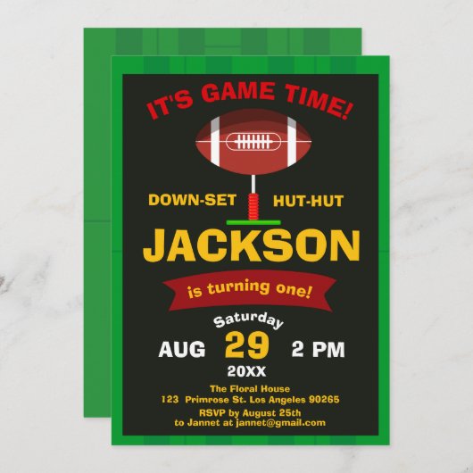 ザビッグワンフットボールフィールドスポーツ誕生日 招待状 (正面/裏面)