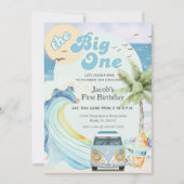 ザビッグワンブルーレトロサーフィンファースト誕生日 招待状 (正面)