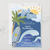 ザビッグワンブルーレトロサーフィンファースト誕生日 招待状 (正面)