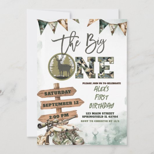 ザビッグワン狩り迷彩柄第1誕生日招待状 招待状 (正面)