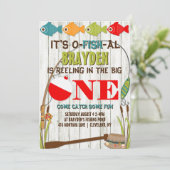 ザビッグワン魚釣りテーマグレーボーイズ最初の誕生日 招待状 (スタンド正面)