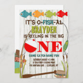ザビッグワン魚釣りテーマグレーボーイズ最初の誕生日 招待状 (正面/裏面)