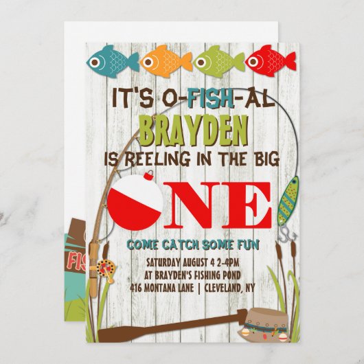 ザビッグワン魚釣りテーマグレーボーイズ最初の誕生日 招待状 (正面/裏面)