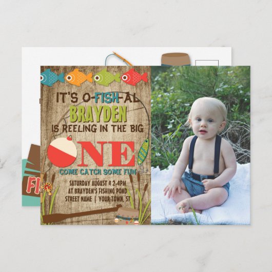 ザビッグワン魚釣りテーマボーイズファースト誕生日 インビテーションポストカード (正面/裏面)