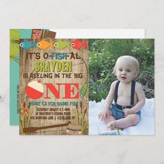 ザビッグワン魚釣りテーマボーイズファースト誕生日 招待状 (正面/裏面)