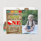 ザビッグワン魚釣りテーマボーイズ1歳の誕生日 インビテーションポストカード (正面/裏面)