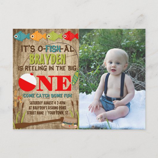 ザビッグワン魚釣りテーマボーイズ1歳の誕生日 インビテーションポストカード (正面)