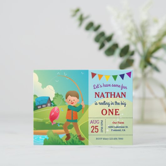 ザビッグワン魚釣りテーマボーイズ1歳パーティー インビテーションポストカード (スタンド正面)