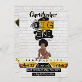 ザビッグワン|アフロヒップホップ男の赤ちゃんレトロ誕生日 招待状 (正面/裏面)