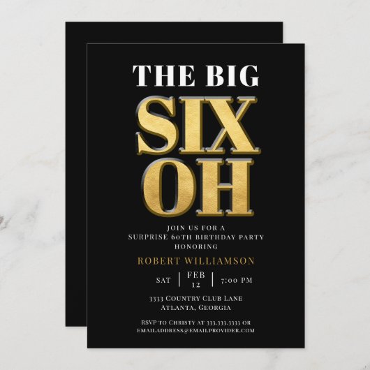 ザビッグ60thサプライズ誕生日ブラック金ゴールド エレガント 招待状 (正面/裏面)