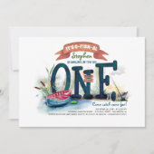 ザビッグ・ワン魚釣りをテーマにしたボーイズ・ファースト誕生日 招待状 (正面)