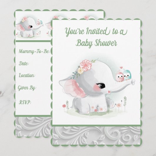 ザビューティフルホワイト男の赤ちゃんまたはガールゾウ 招待状 (正面/裏面)