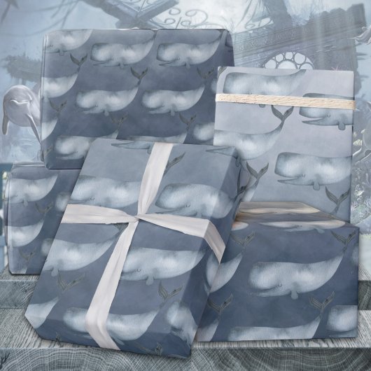 ザブルーククジラ深いの下の青い海水色 ラッピングペーパー