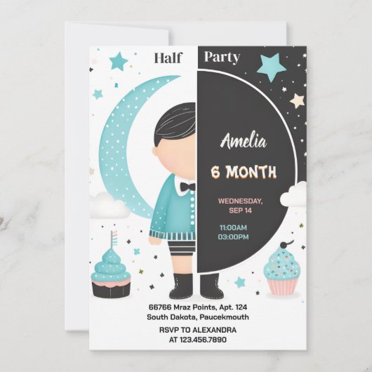 ザボーイガール6ヶ月半年パーティー半年誕生日 招待状 (正面)