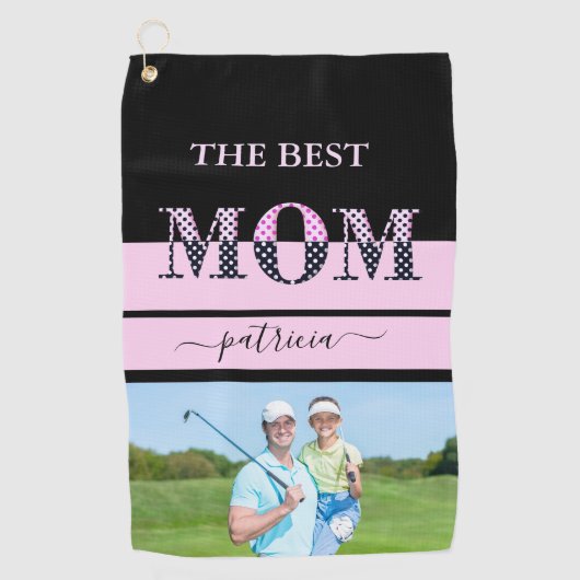 ザマ最高のマ写真スタイリッシュブラックピンクレタリング ゴルフタオル (正面)